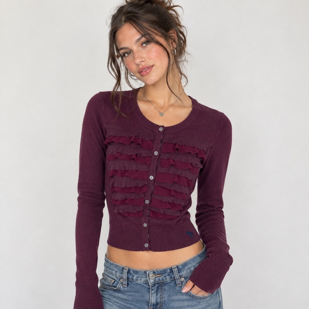 Vintage Y2K Abercrombie & Fitch Cardigan Sweater Ruffle Burgundy Twee Women's L